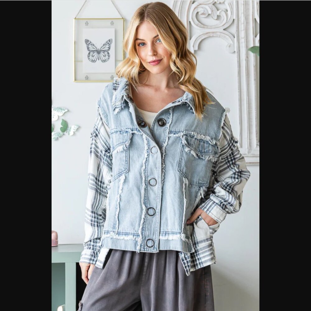 J0326 OLI & HALI Blue Plaid Contrast Button Front Denim Jacket